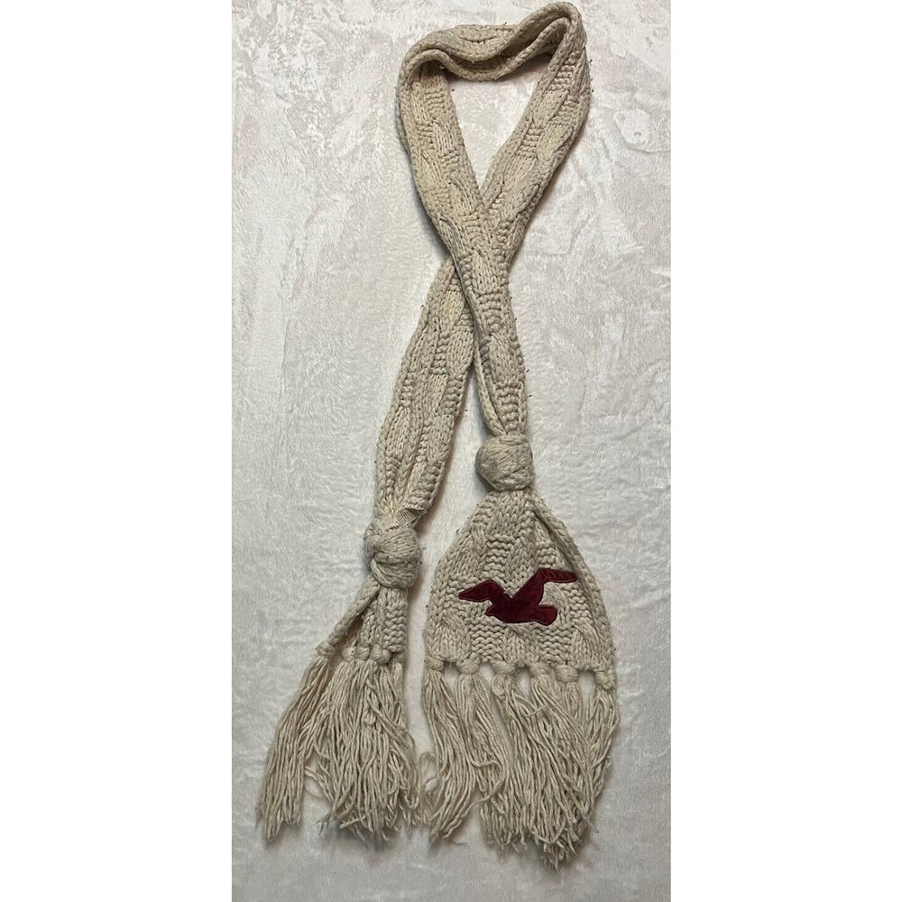Vintage Hollister Scarf Chunky Wool Rabbit Hair Fringe Logo